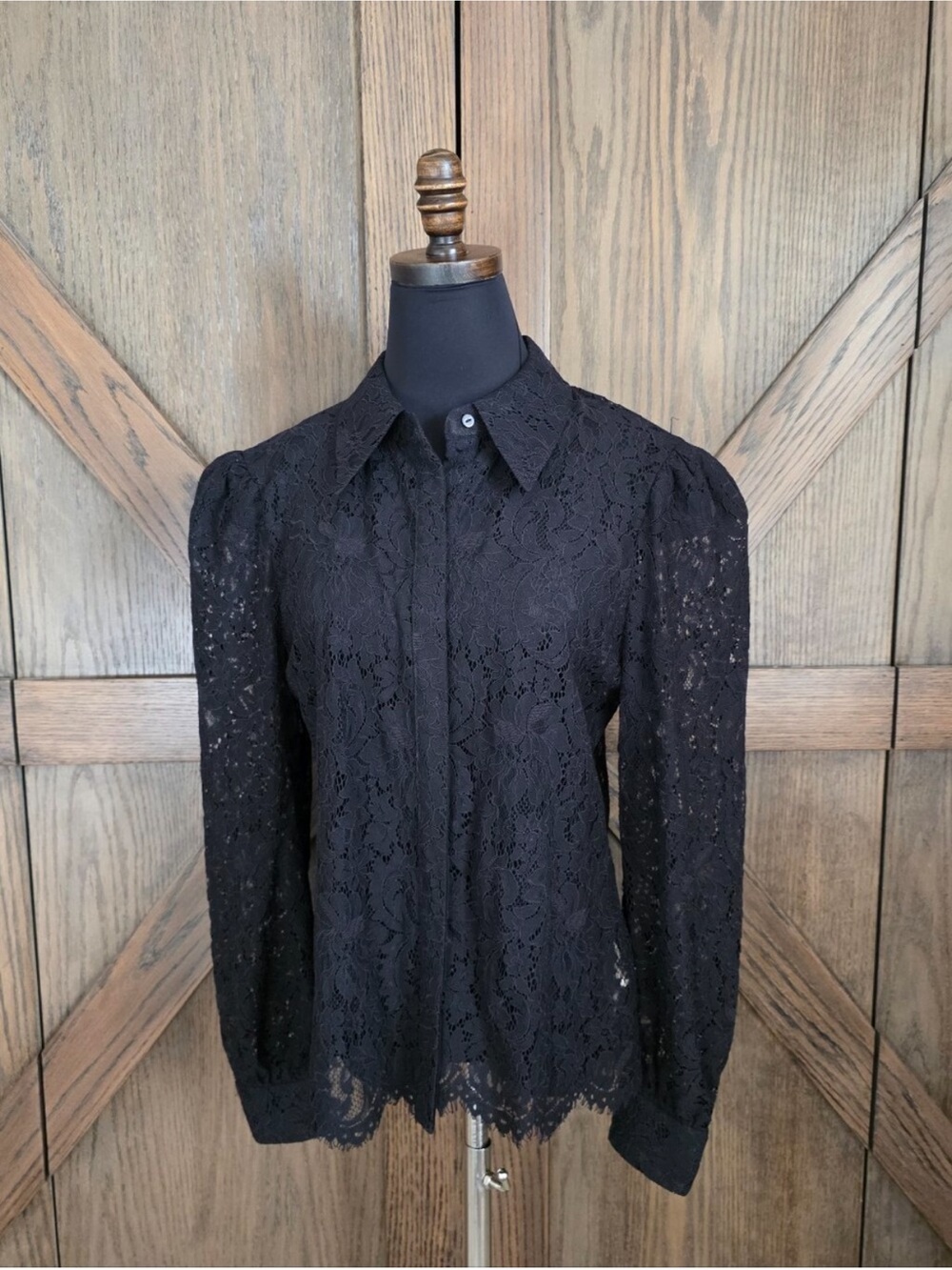 L'AGENCE Black Floral Lace Button-Up Blouse